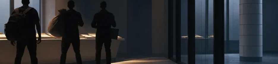 silhouettes dans une banque, ambiance nocturne et suspense rappelant le film The Take