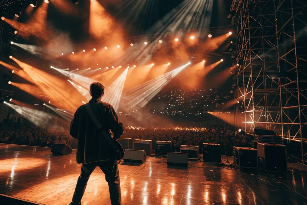 Un guitariste sous les projecteurs d'une grande scène rock évoquant Toto