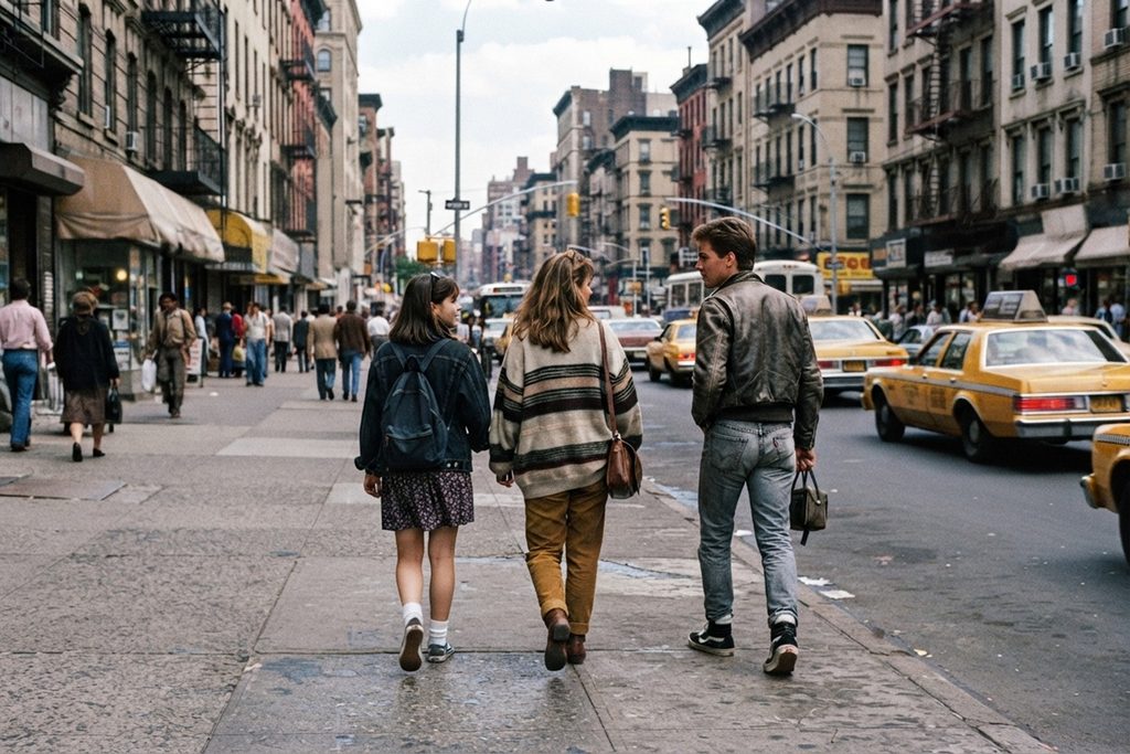 Trois adultes dans une rue de New York des années 1980