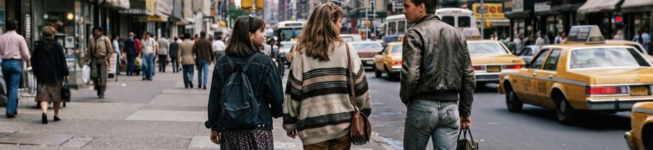 Trois adultes dans une rue de New York des années 1980