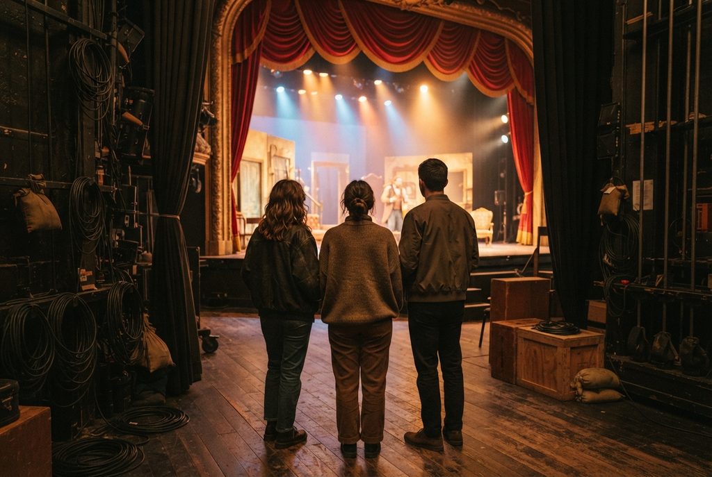 Trois amis dans les coulisses d’un théâtre