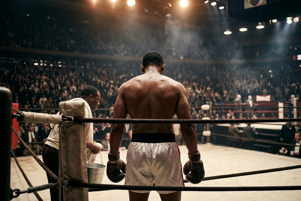 Un boxeur vu de dos dans un coin d’un ring
