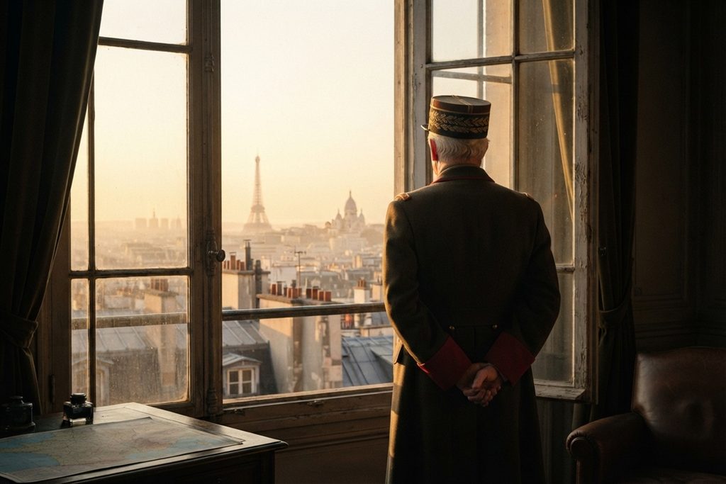 Un général français devant une fenêtre donnant sur Paris