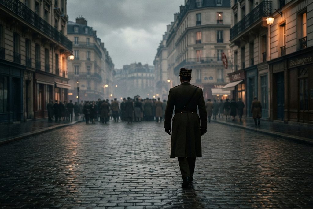 Un général français marchant seul dans une rue parisienne