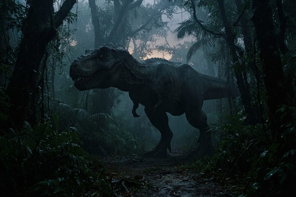 Un gigantesque dinosaure carnivore surgissant d’une forêt tropicale
