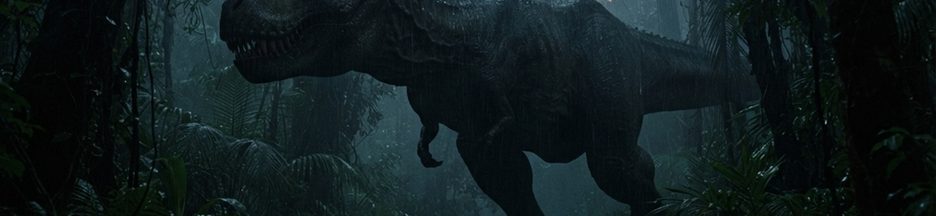Un gigantesque dinosaure carnivore surgissant d’une forêt tropicale