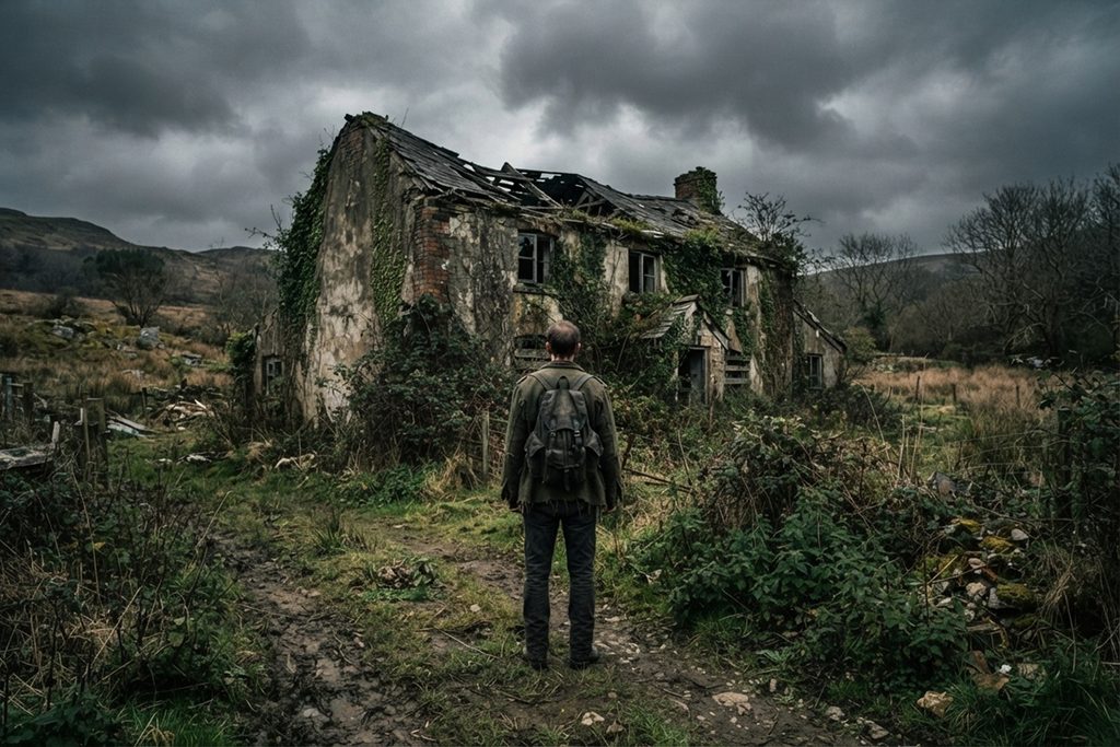 Un homme debout devant une vieille maison isolée