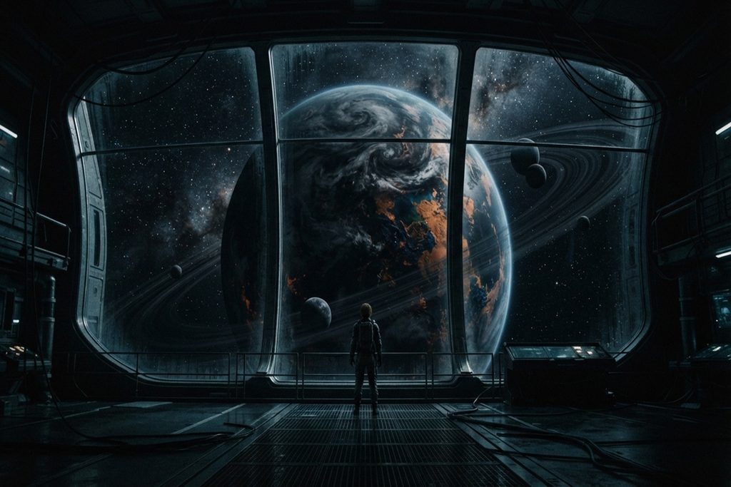 Un homme observant une planète
