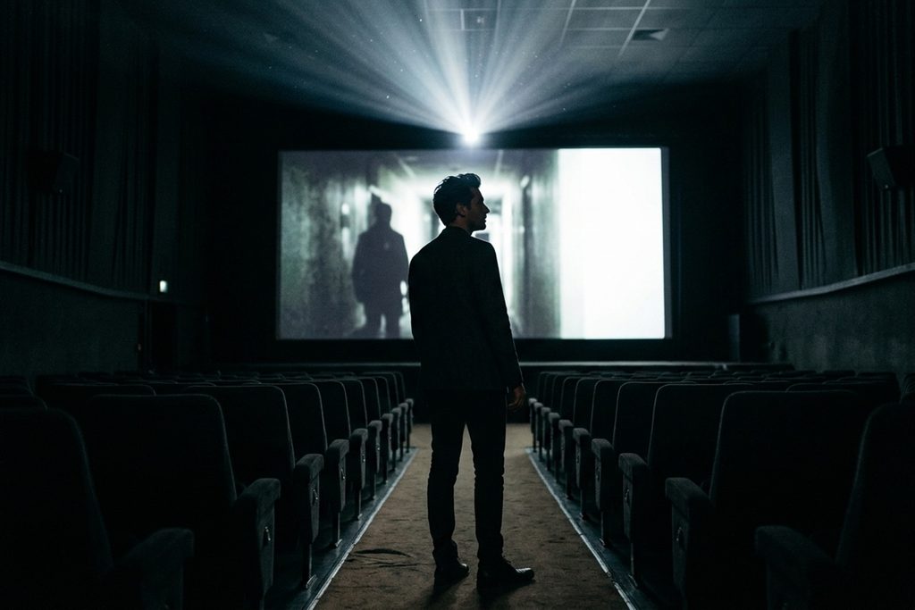 Silhouette d’un réalisateur devant un grand écran de cinéma