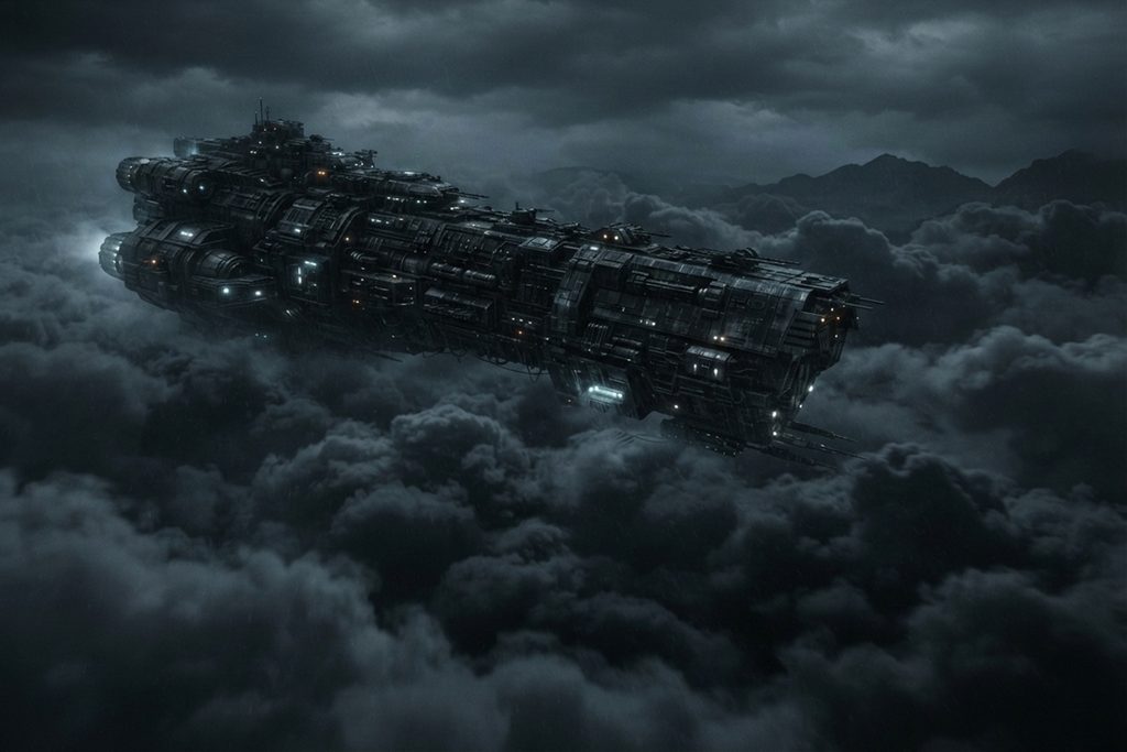 Un vaisseau spatial traversant une mer de nuages noirs
