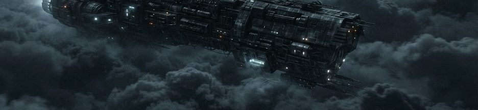 Un vaisseau spatial traversant une mer de nuages noirs