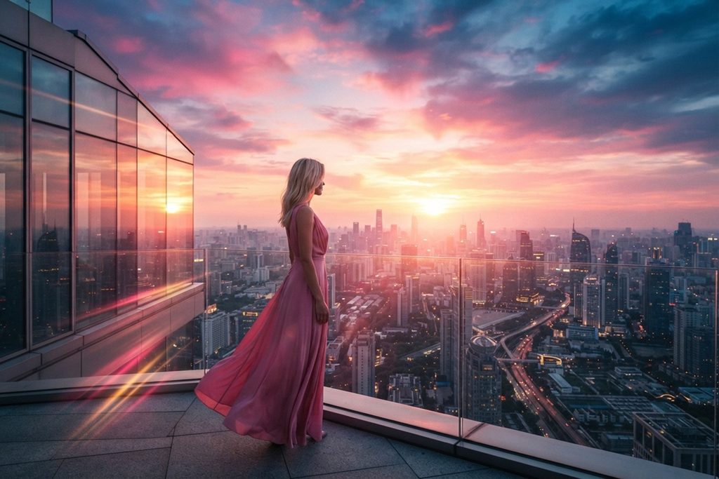 Une femme blonde observant une gigantesque ville