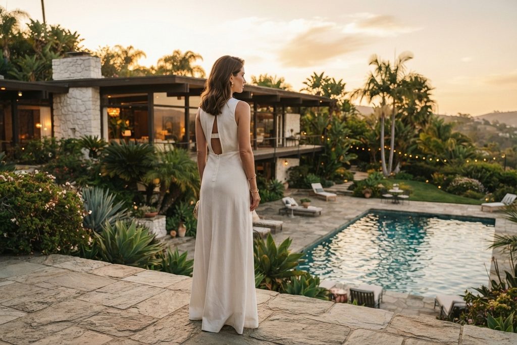 Une femme élégante debout devant une immense villa