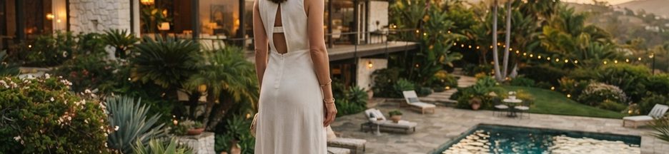 Une femme élégante debout devant une immense villa