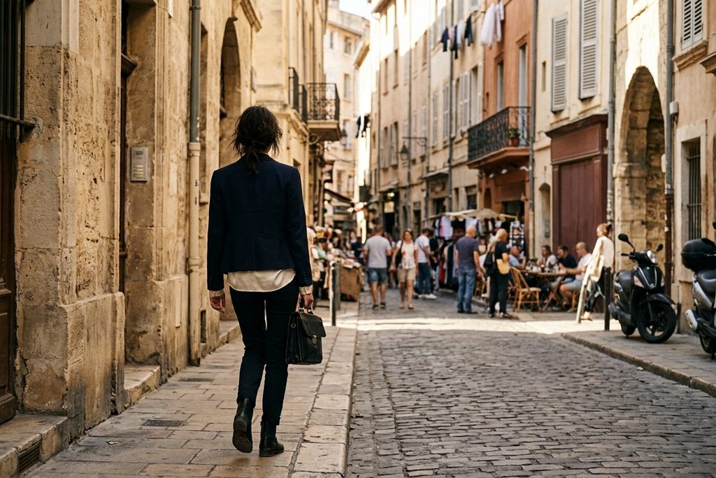 Une jeune cadre marchant dans une rue ensoleillée de Marseille comme dans Une femme aujourd'hui