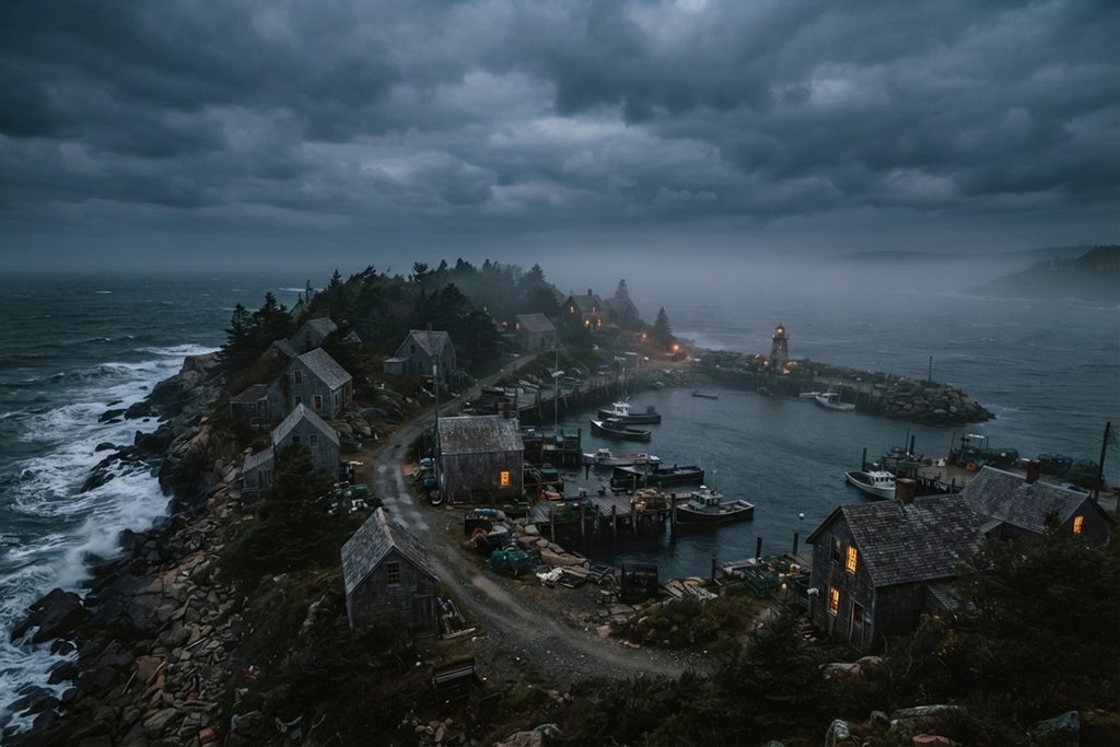 Une petite île isolée de Nouvelle-Angleterre au crépuscule