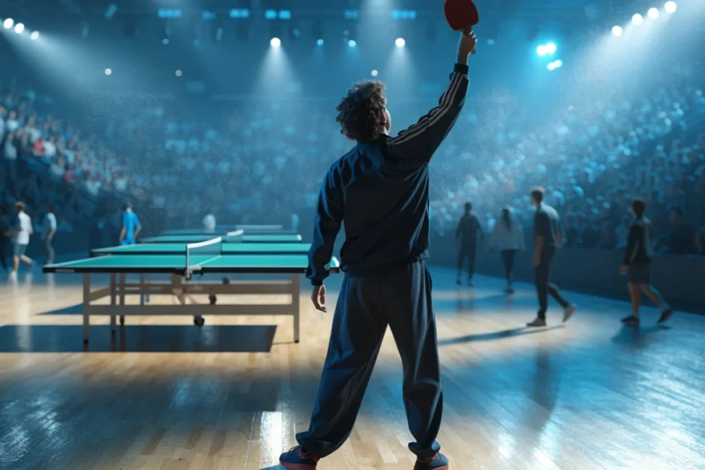 Sportif vu de dos célébrant une victoire au ping-pong évoquant Simon Gauzy