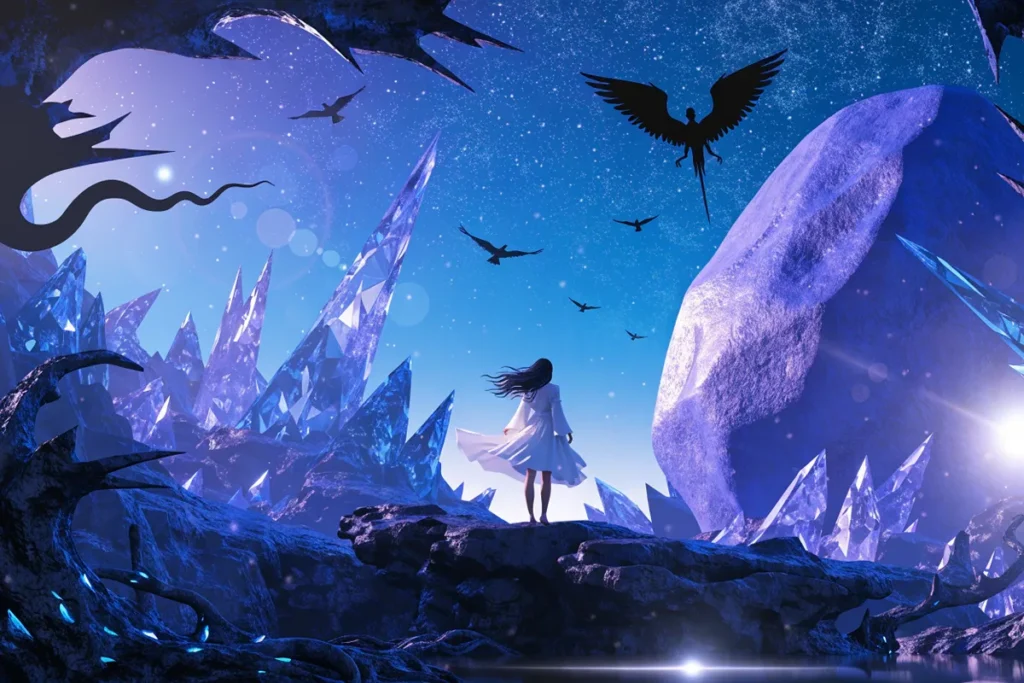 Personnage dans un paysage féerique bleu inspiré du clip pop Blue Moon