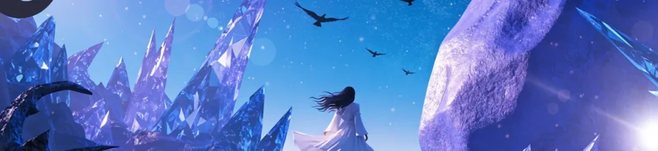 Personnage dans un paysage féerique bleu inspiré du clip pop Blue Moon